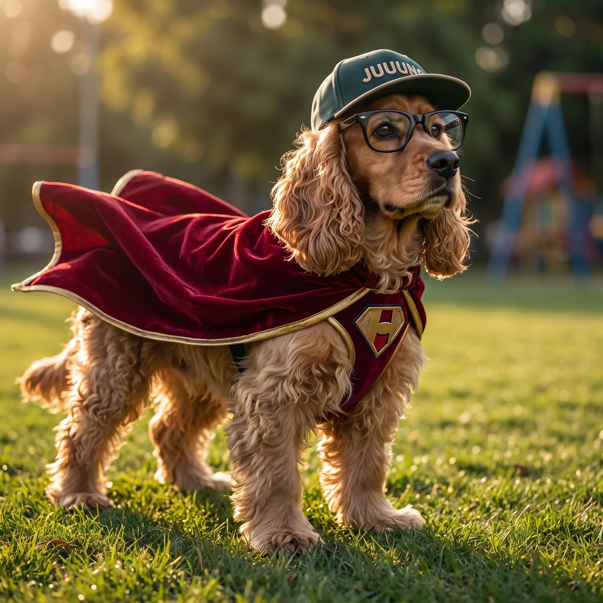 Juno the cocker spaniel in a superhero cape and Juuuno cap